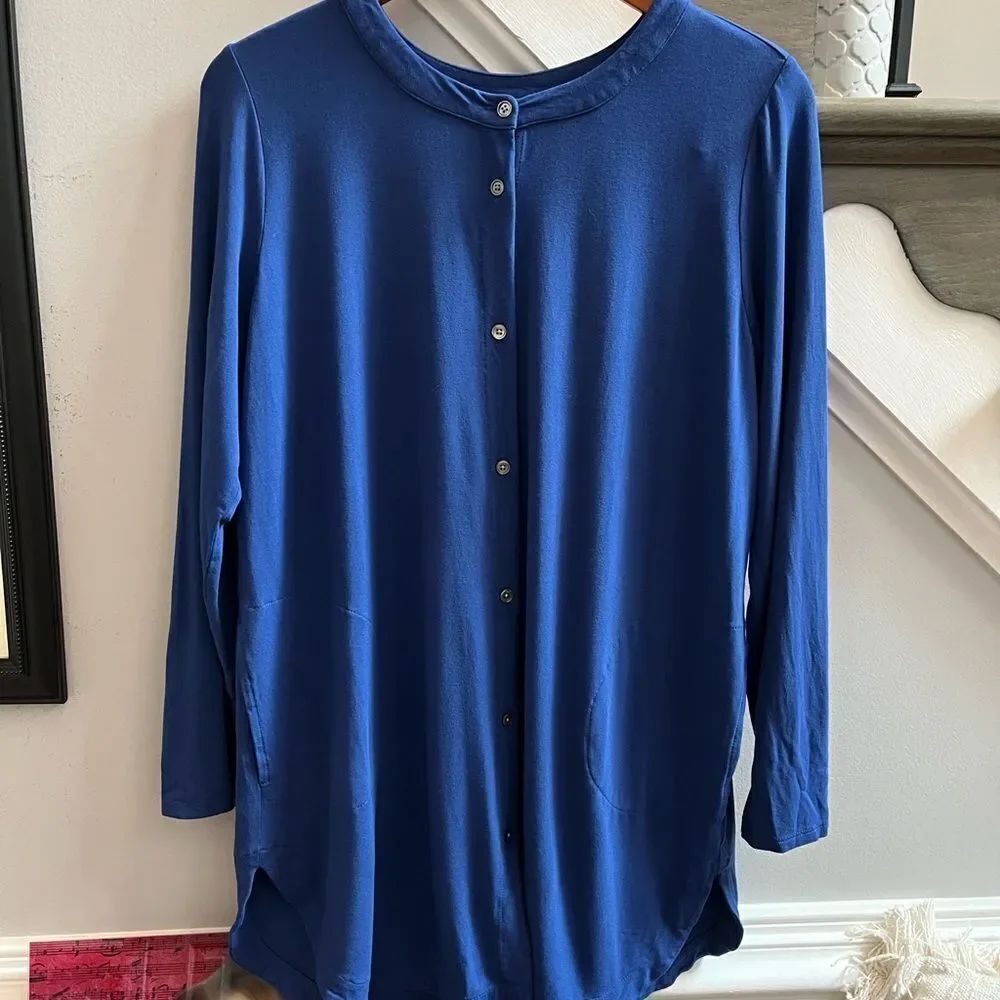J. Jill Wearever Royal Blue Button Down Tunic Top sz L EUC